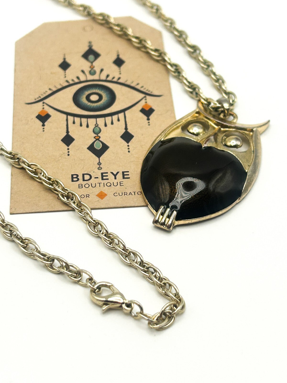 Gold Tone Owl Pendant Necklace with Brown Shimmer Enamel Belly