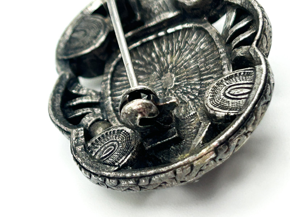 Celtic Style Green Brooch Silver Tone Cabochon Vintage Pin