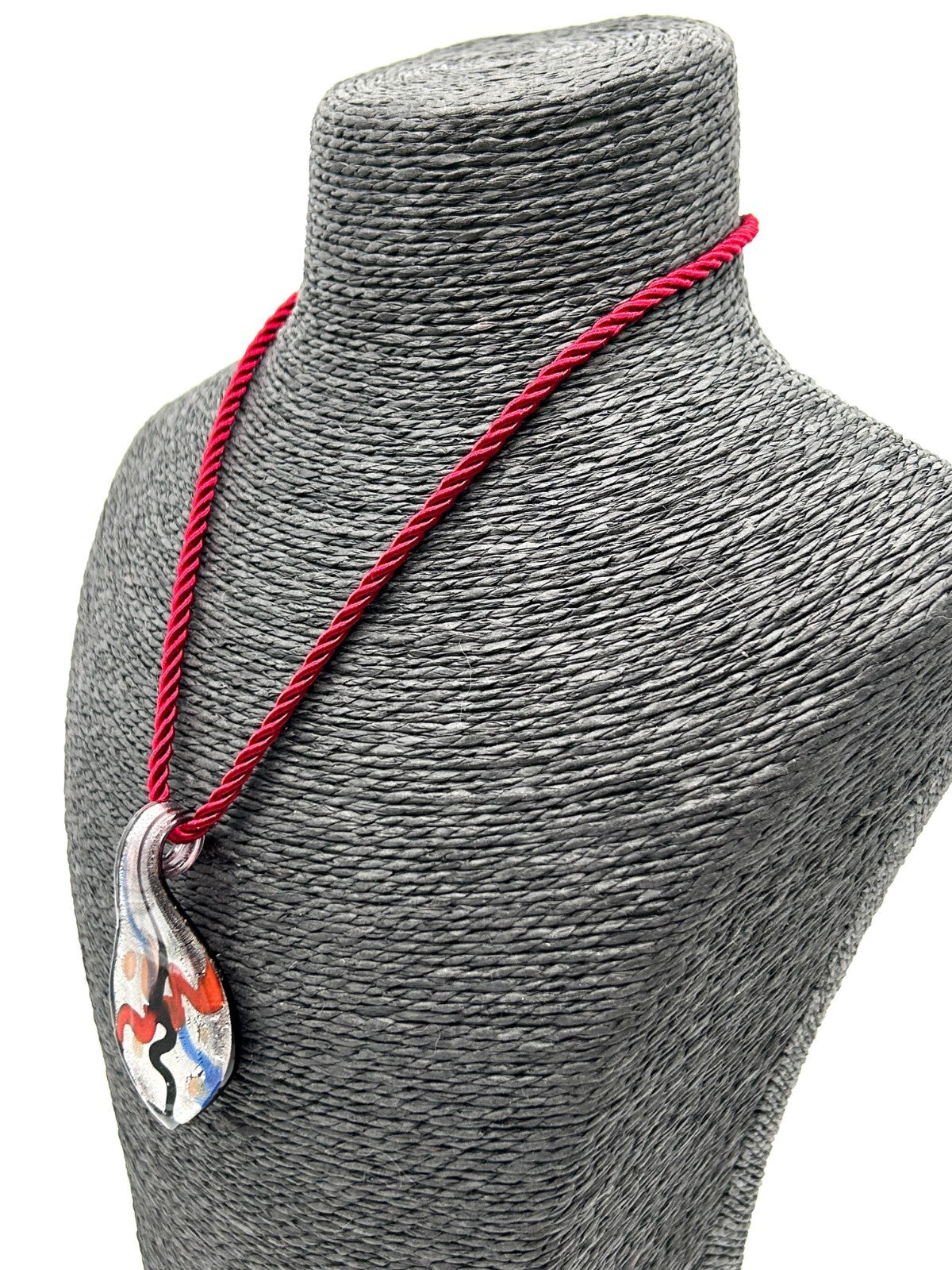 Murano Style Art Glass Pendant Necklace Red Blue Silver Abstract Foil Red Cord