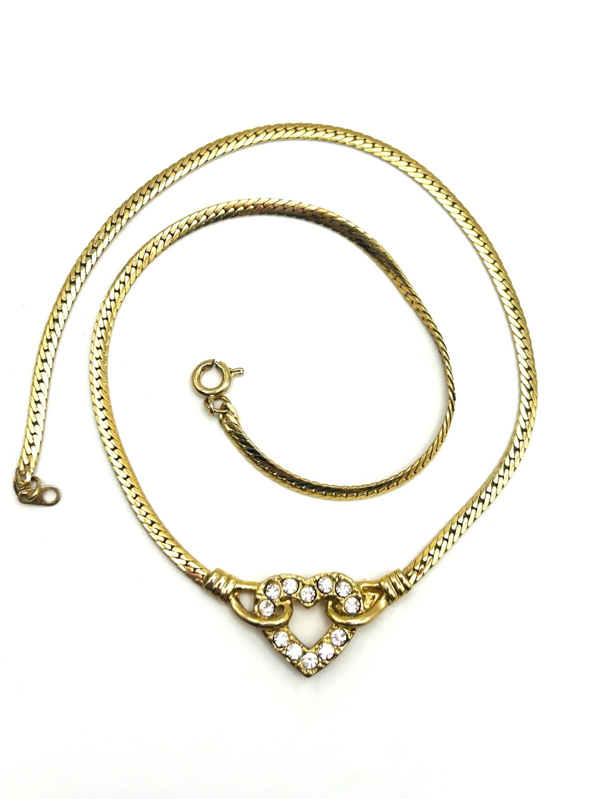 Gold Tone Herringbone Chain Necklace Small Heart Rhinestone Pendant 15”