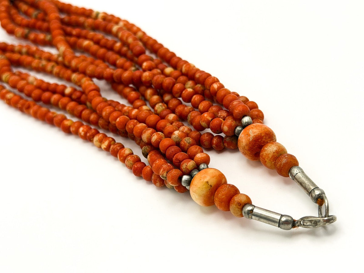 Multi Strand Red Coral Bead Necklace Ornate Oval Pendant 19 Inch Statement