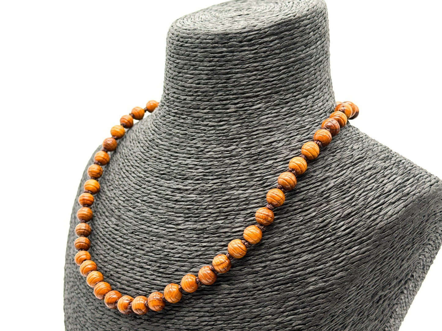 Vintage Faux Wood Acrylic Beaded Necklace Hand Knotted Boho Retro Jewellery