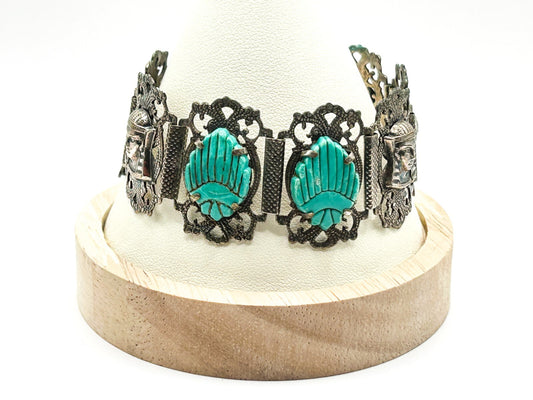 Vintage Egyptian Revival Pharaoh Scarab Panel Bracelet Turquoise Hamsa Tourist