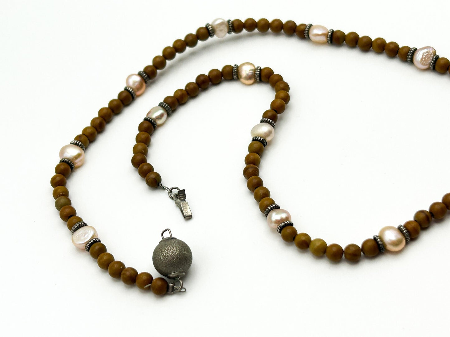 Jasper Pendant Necklace Natural Stone Brown Beaded Freshwater Pearl Earthy 19.5”