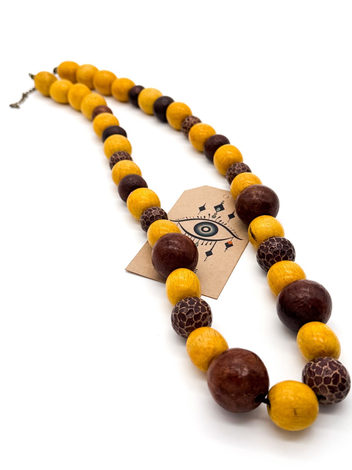 Long Wooden Bead Necklace Yellow Brown Natural Wood 30” Boho