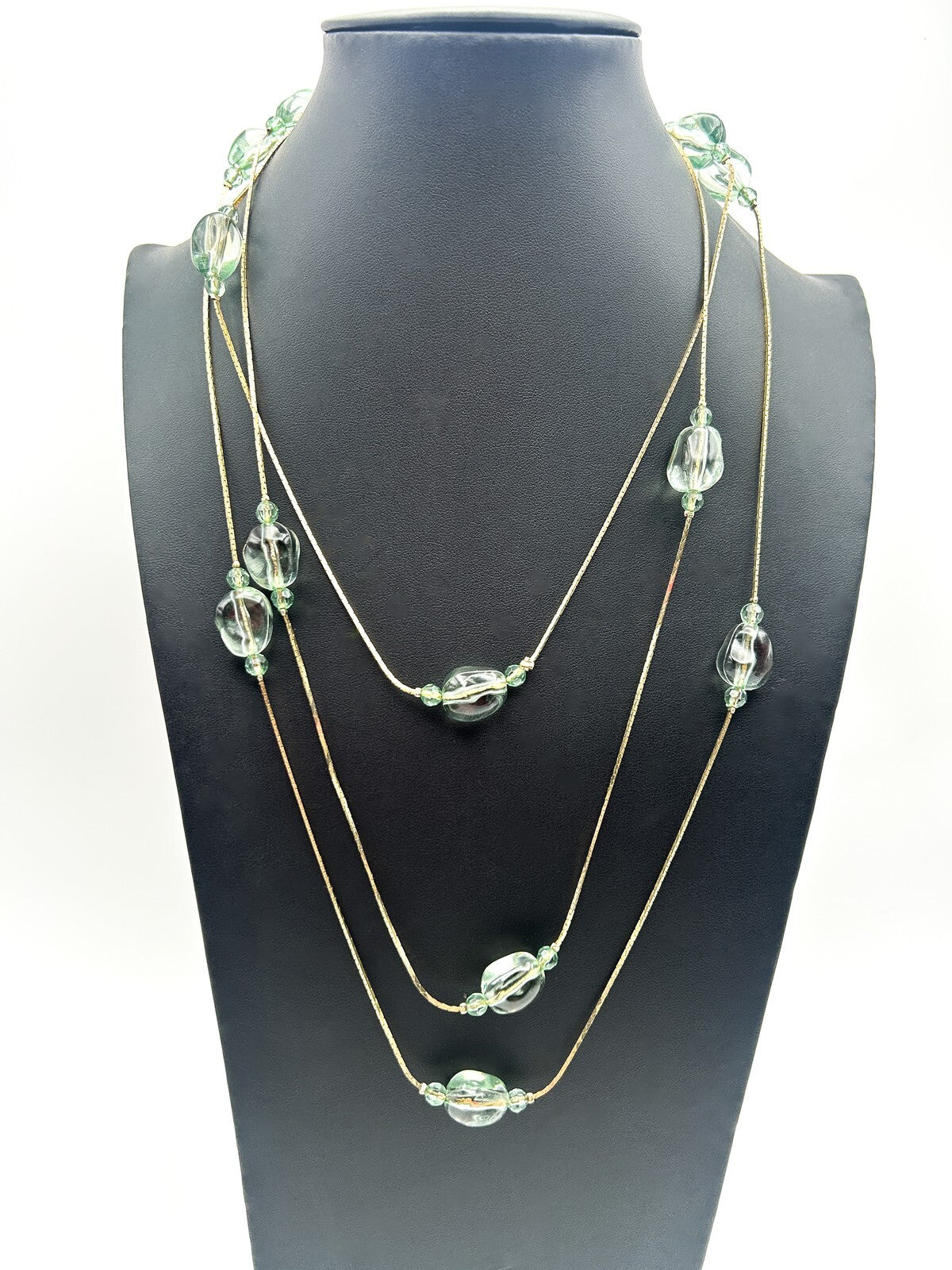 Long Pale Green Acrylic Bead Necklace Multi Strand Gold Tone Layered 34”