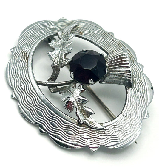 Signed Mizpah Scottish Thistle Brooch - Silver tone & Amethyst Glass