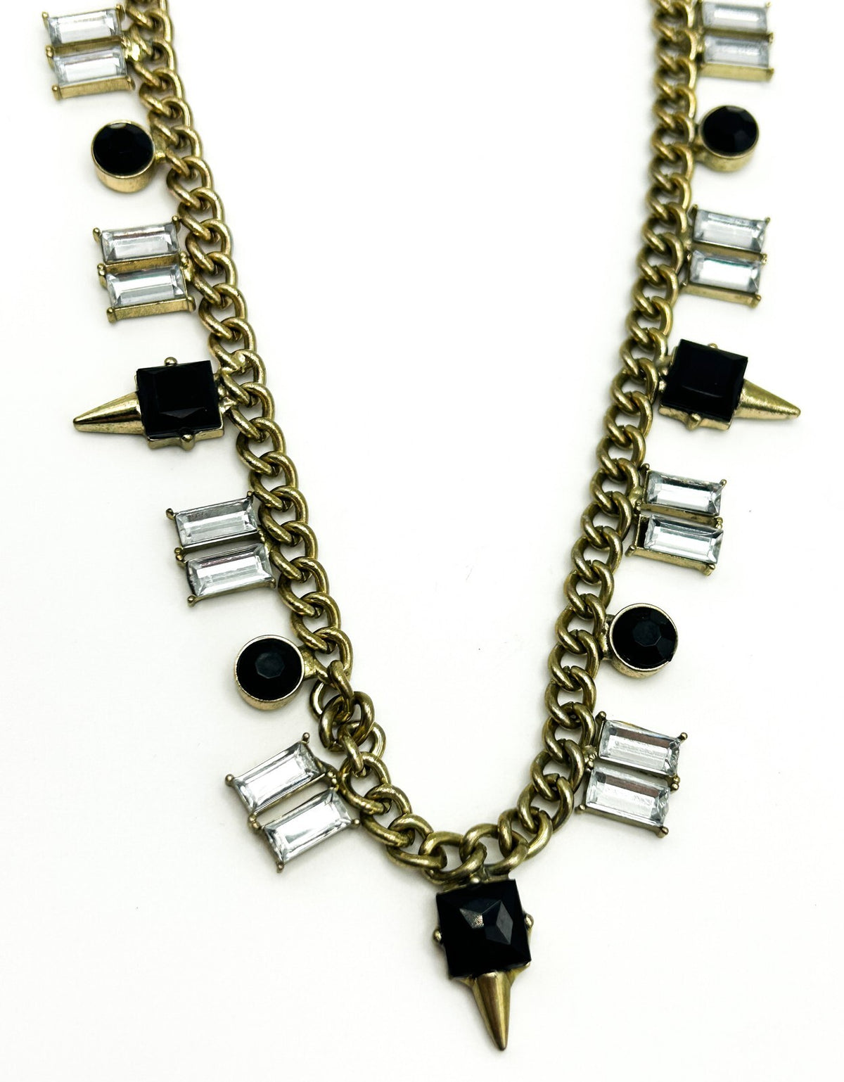 Gold Tone Curb Chain Necklace Black Clear Rhinestone Drop Charms Geometric 19”