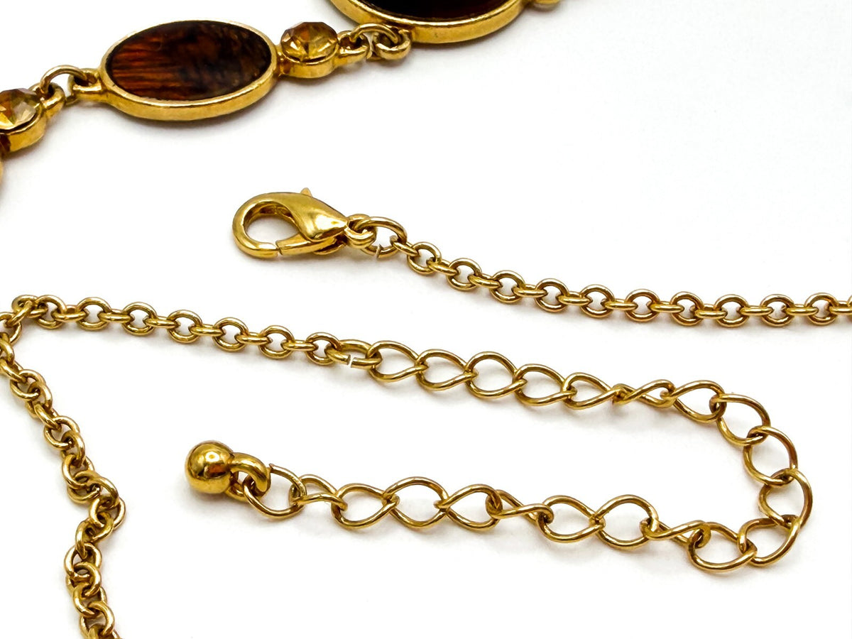 Gold Tone Y-Drop Necklace with Brown Cat’s Eye & Iridescent Orange Cabochons