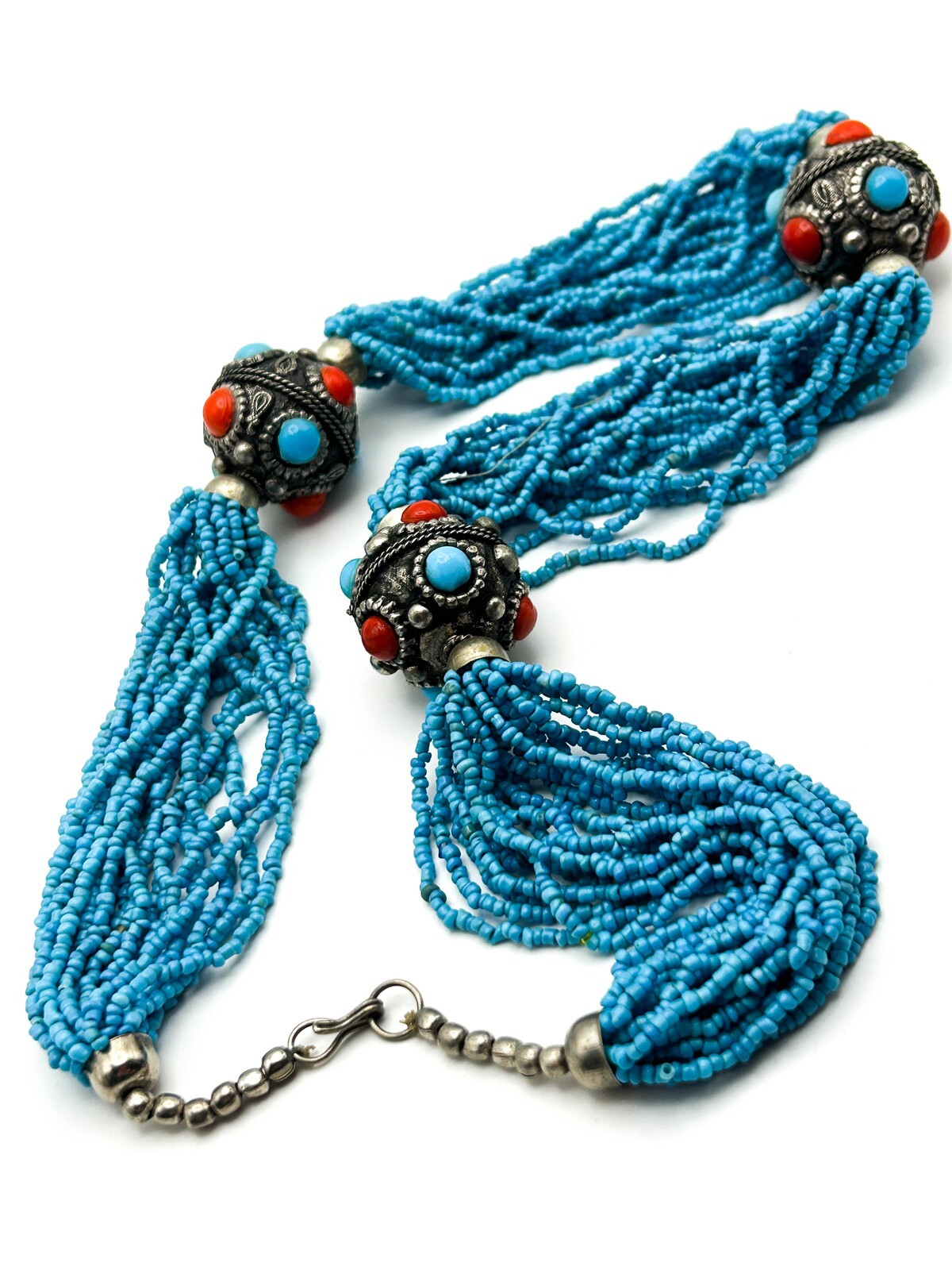 Turquoise Glass Multi Strand Beaded Necklace Statement Silver Tone Red Blue