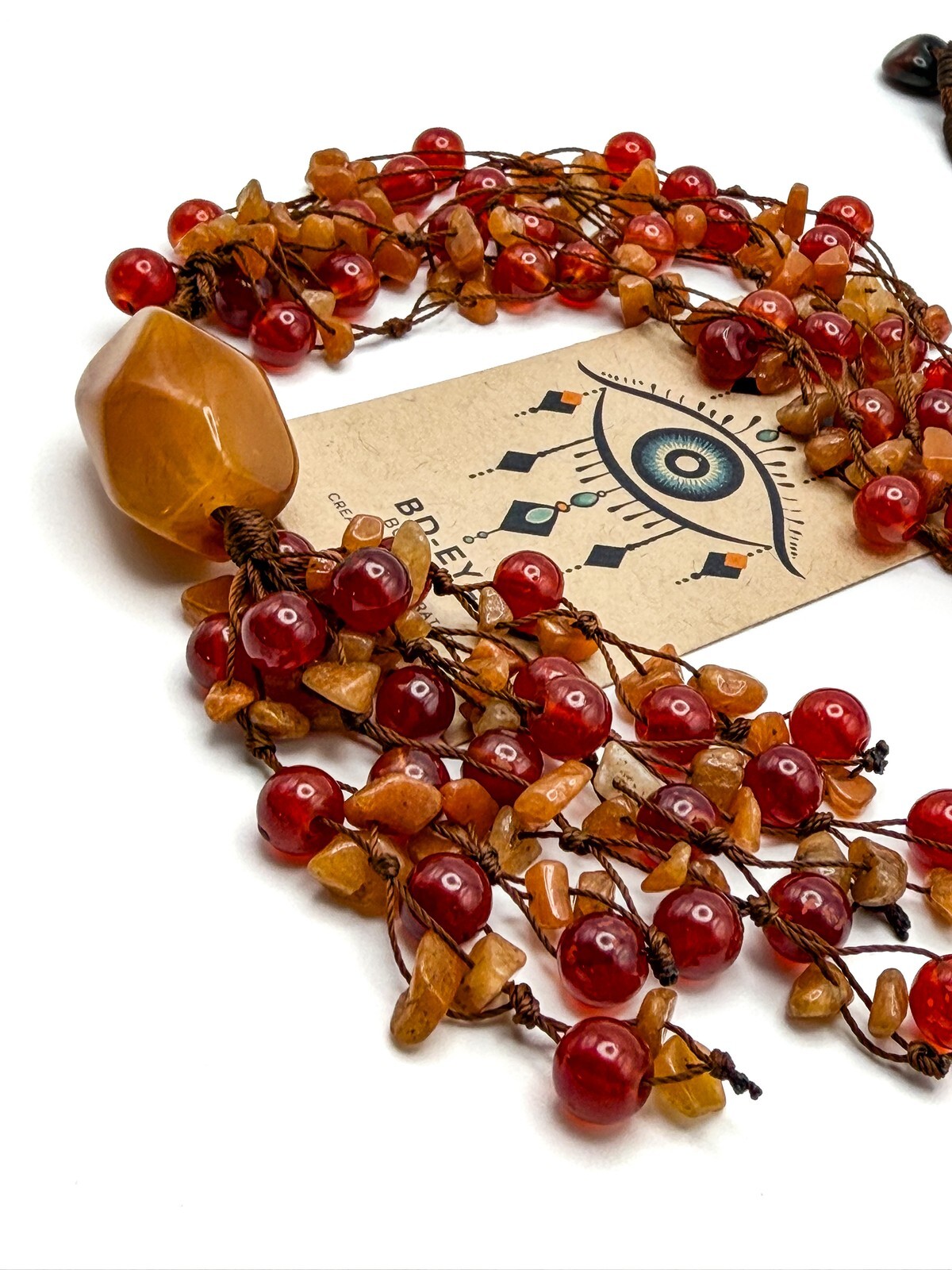 VTG Orange Glass, Acrylic & Carnelian Hand-knotted Statement Boho Necklace