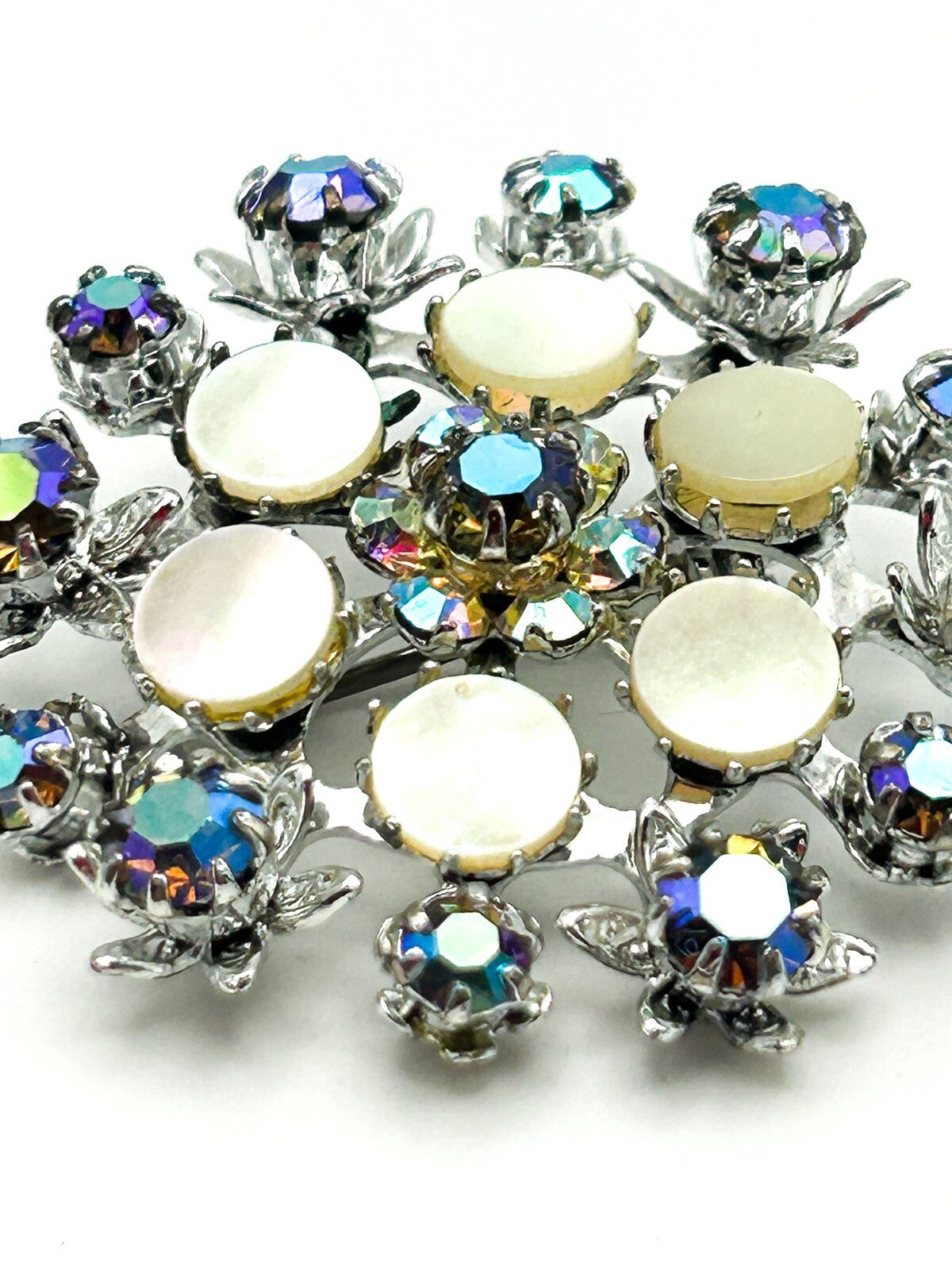 AB Rhinestone Cluster Brooch Mother of Pearl Silver Tone Pin