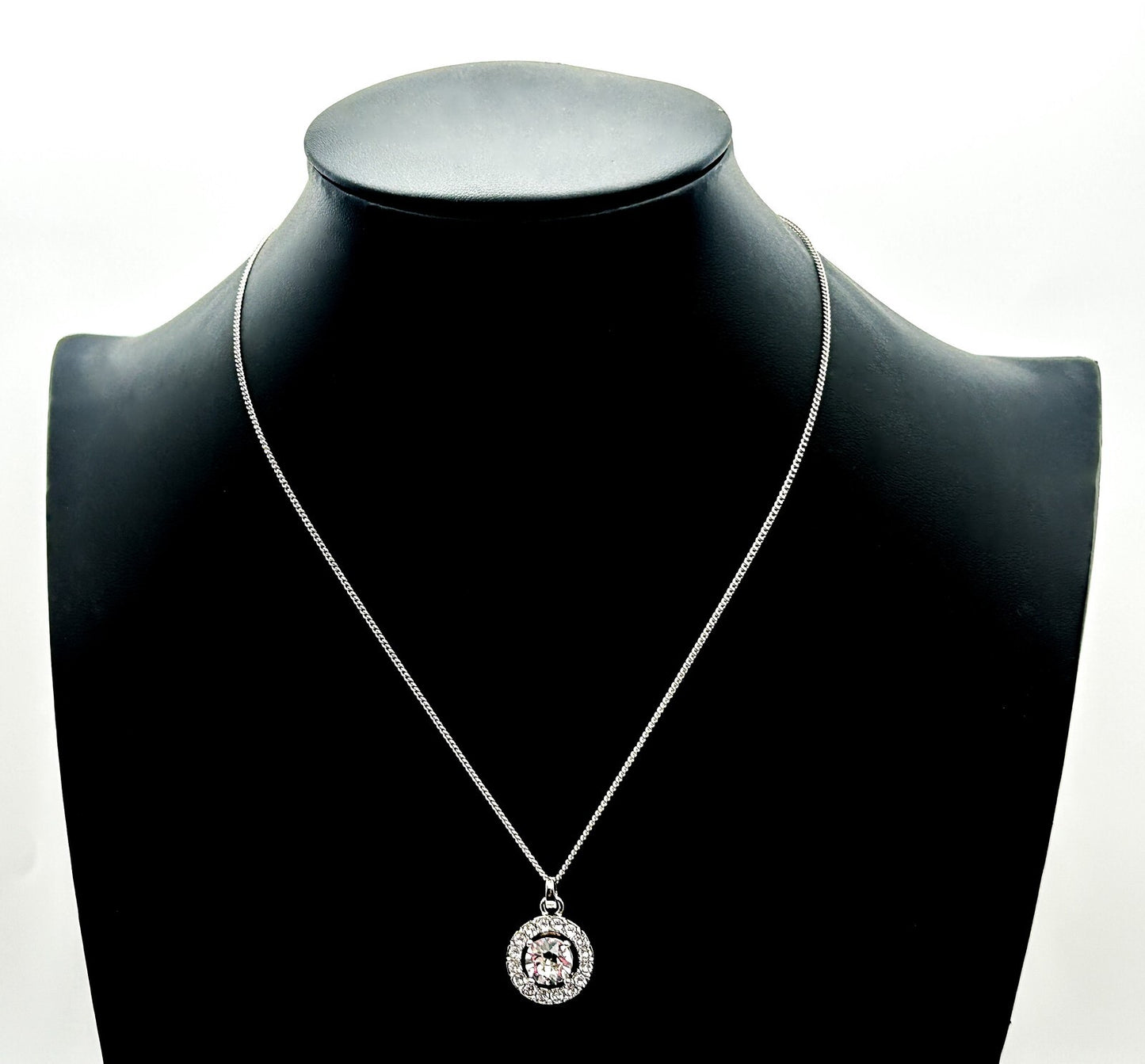 Silver Tone Crystal Halo Pendant Necklace – Round Solitaire with Pavé Frame