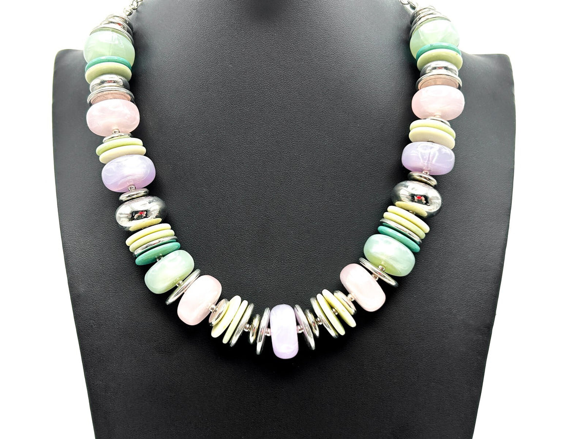 Vintage 90s-Y2K M&S Pastel Disc Bead Necklace with Silver Tone Spacers