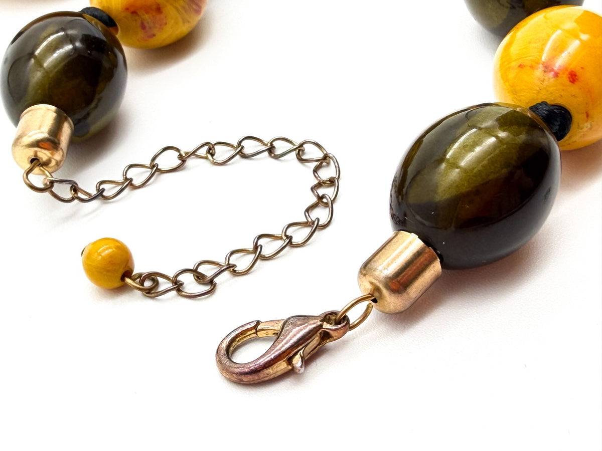 Chunky Statement Necklace Olive Green Mustard Acrylic Beads Graduated 25”