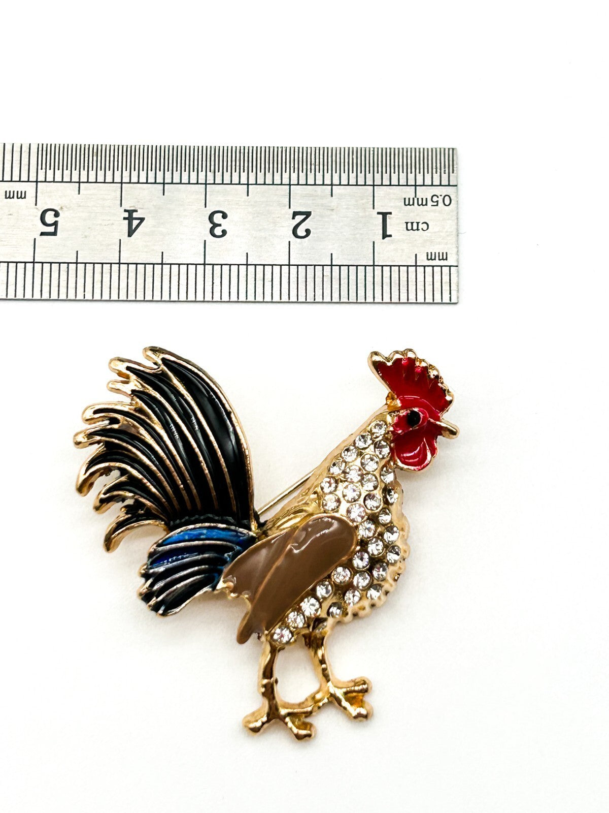 Vintage Rooster Brooch Pair Enamel Rhinestone Cockerel Farmyard Bird Pins