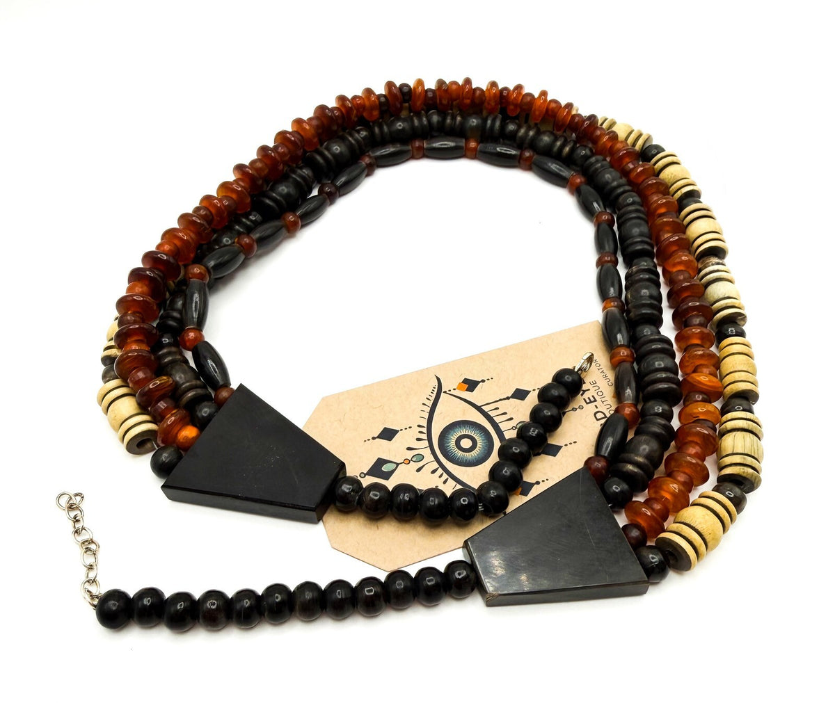 Multistrand Boho Amber & Wood Beaded Necklace Natural Tribal-Inspired Beach