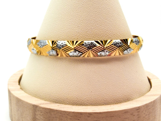 Gold Tone Diamond Cut Hinged Bangle Bracelet Silver Tone Accents Geometric