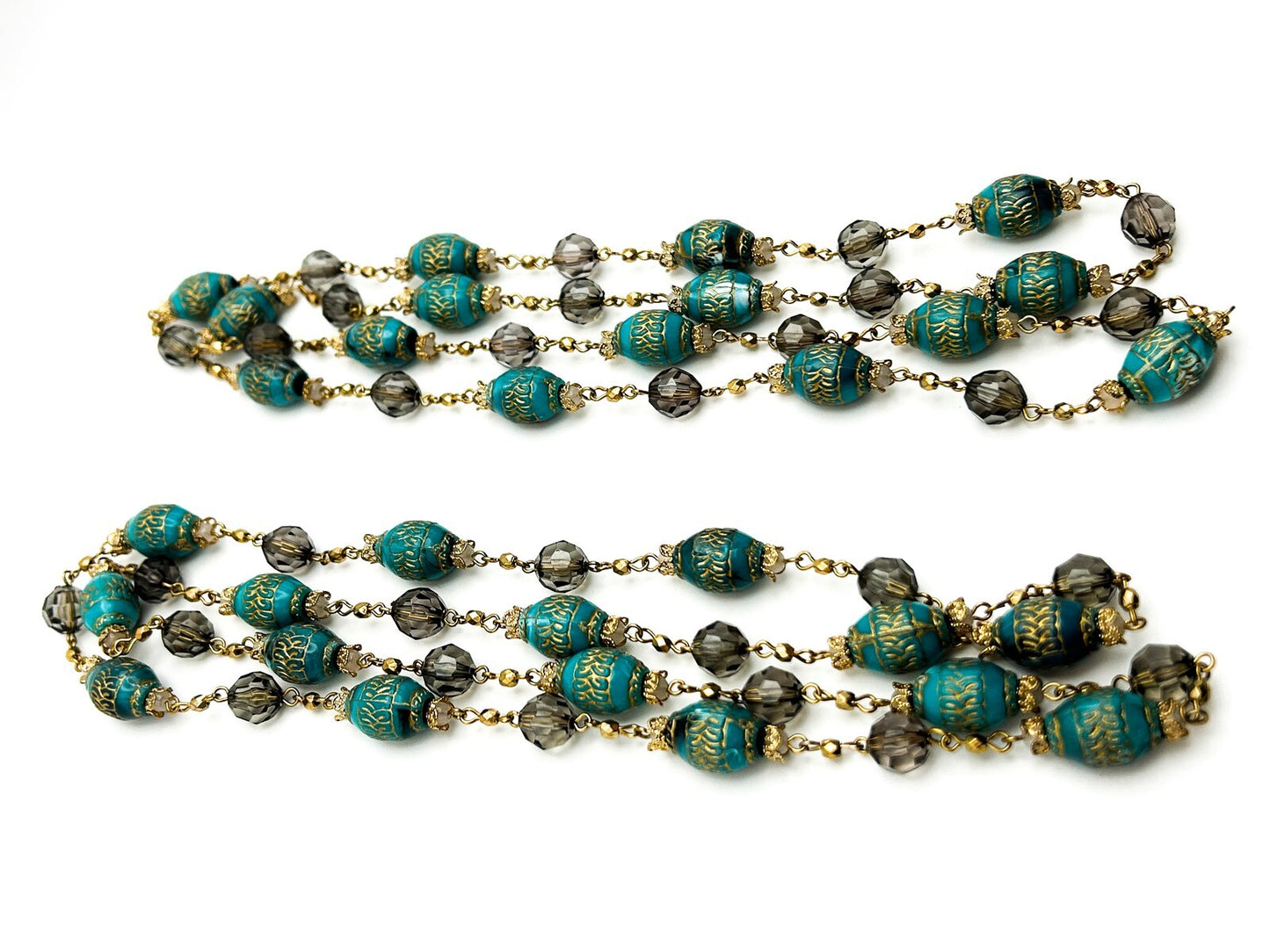 Vintage Style Turquoise & Smokey Acrylic Etched Barrel Bead Necklace Duo
