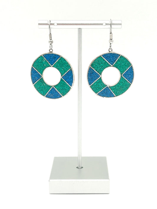 Mexico Alpaca Green & Blue Mosaic Donut Earrings - Turquoise Silver Tone