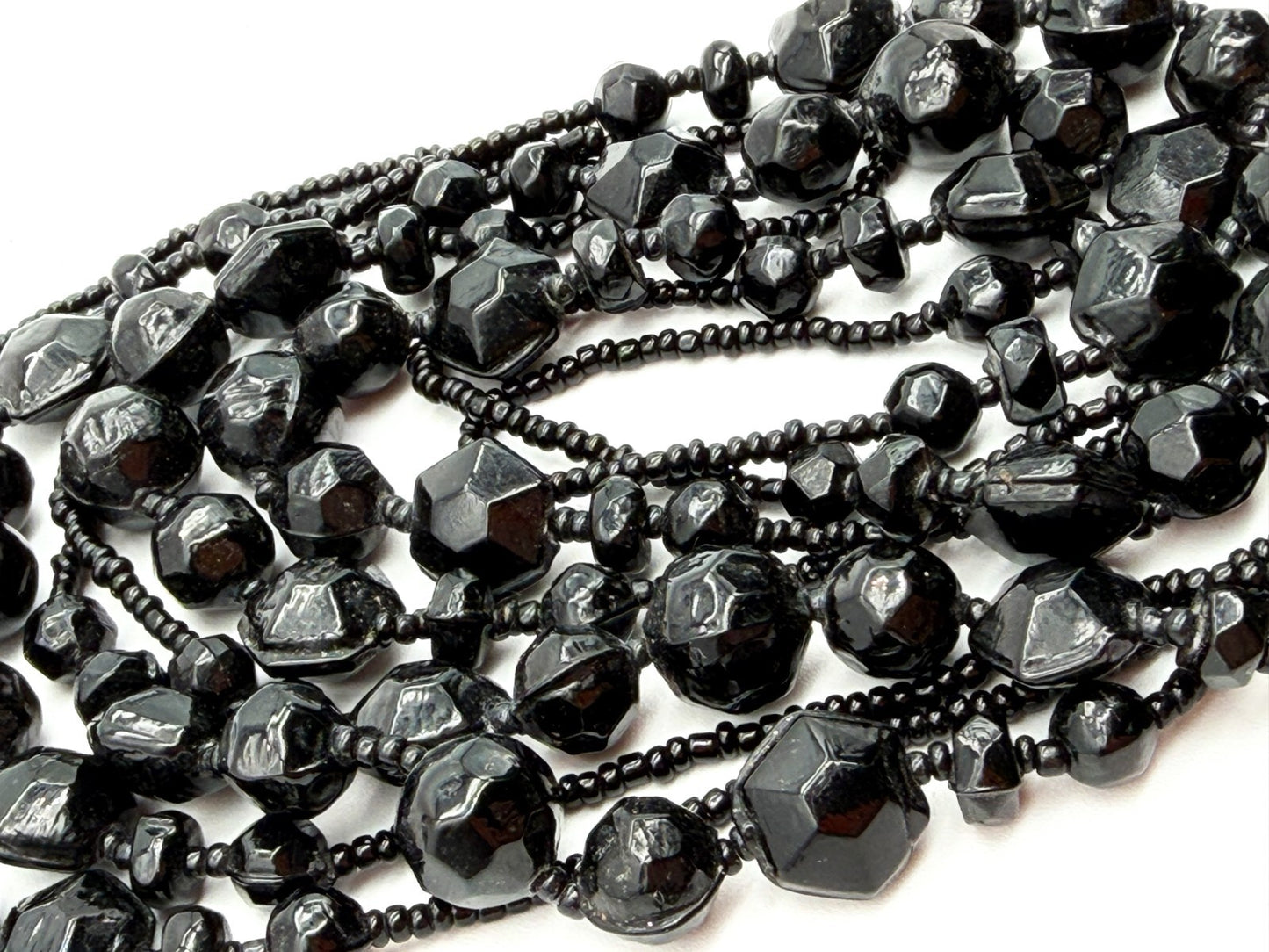 Vintage Black Glass Bead Long Necklace 30” Continuous Statement Strand