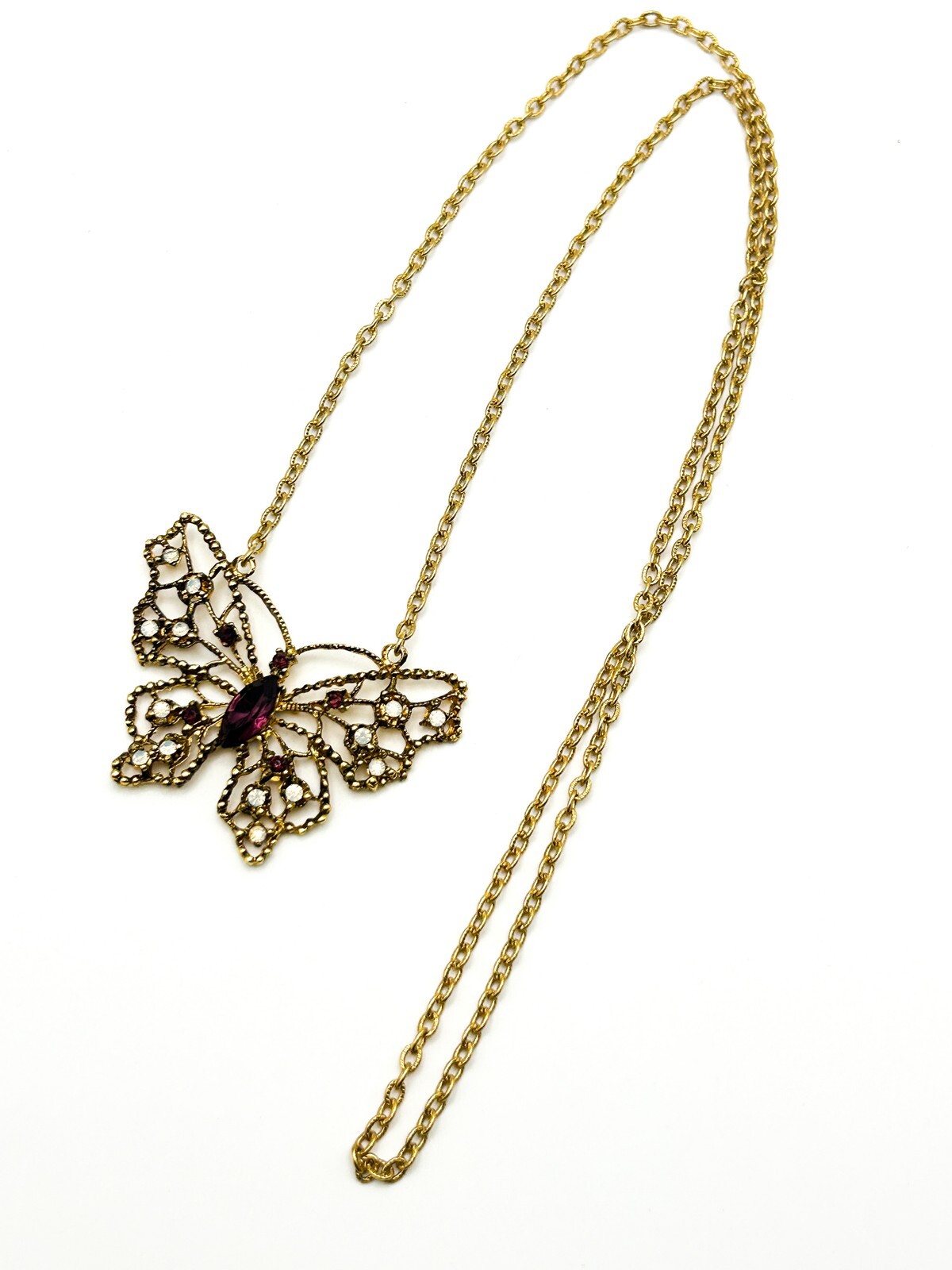 Signed Hollywood Gold Tone Openwork Butterfly Rhinestone Necklace