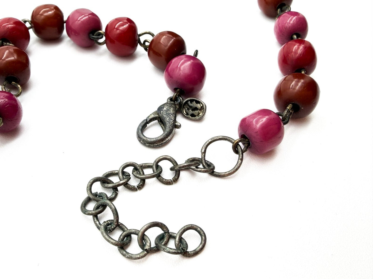 Triple Strand Pink Statement Necklace Red Disc Beads Chunky Layered 25"