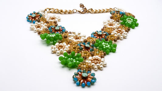 Glass Floral Bib Necklace with Gold Tone Chain | Folkcore, Boho, 12.5"