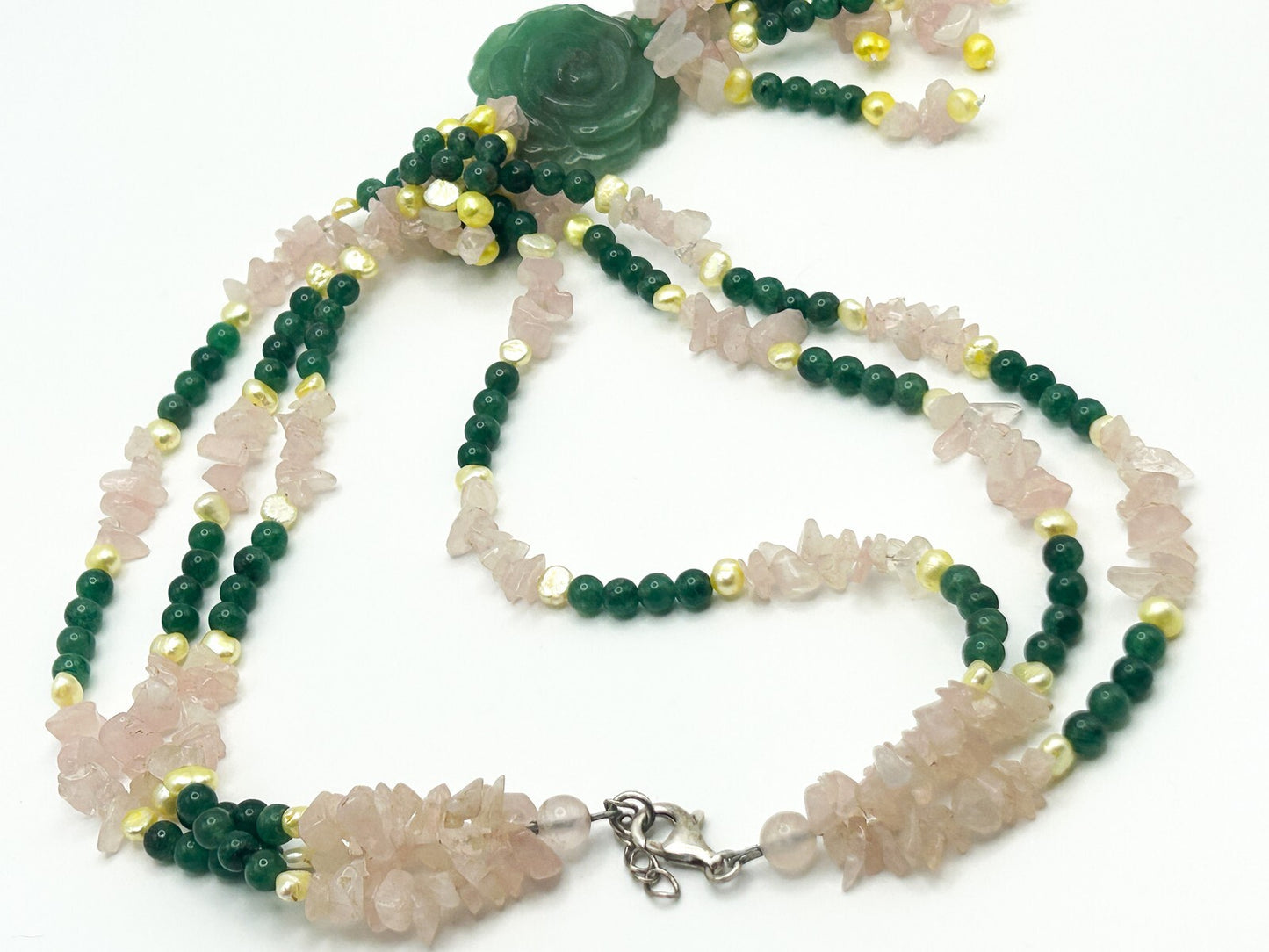 Jade, Rose Quartz, Pearl Triple Strand Statement Necklace Carved Rose Pendant