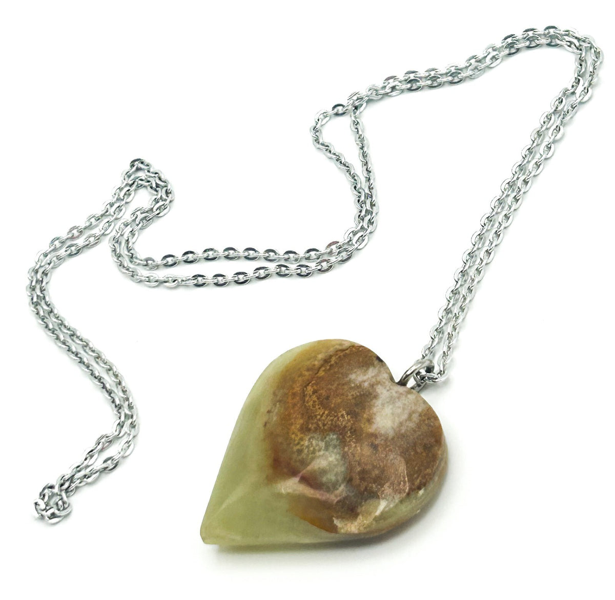 Green Onyx Gemstone Heart Long Pendant Necklace on Silver Tone Chain Boho