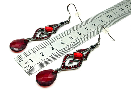 Art Deco Style Gothic Red Rhinestone Drop Earrings Gunmetal Teardrop Dangle