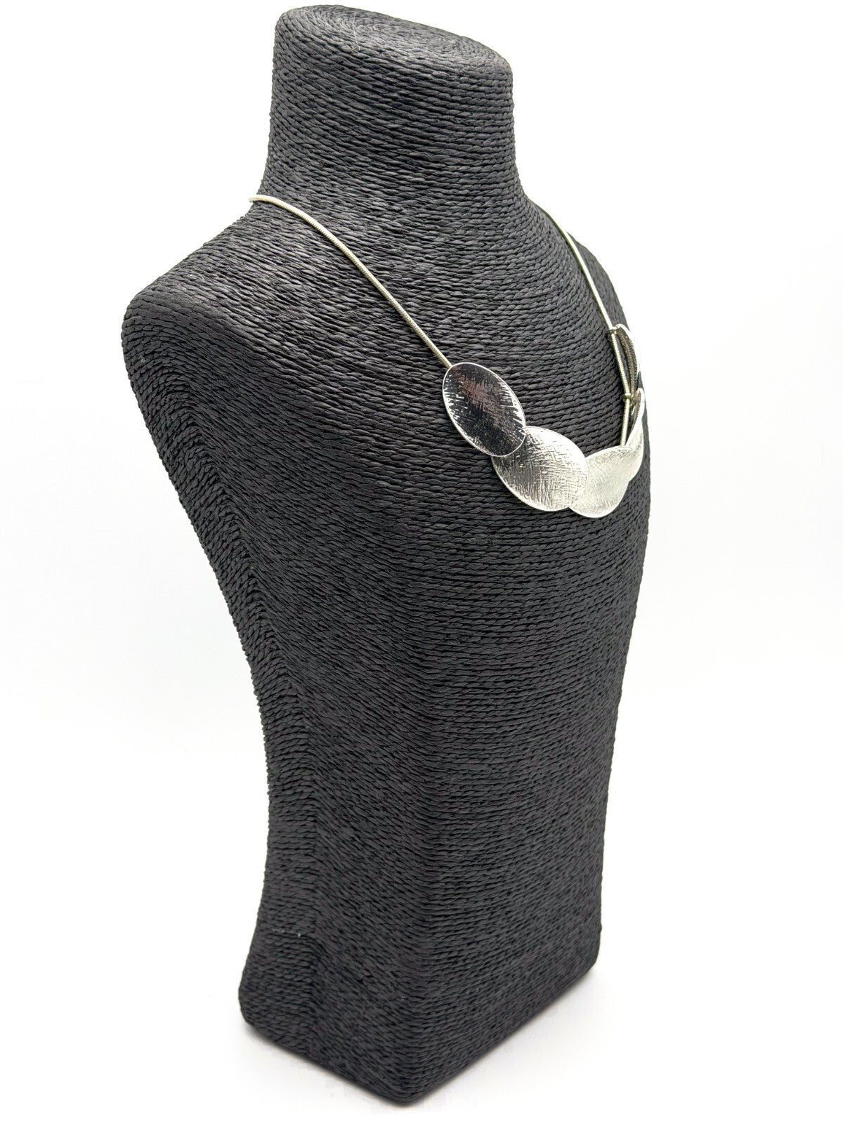 Minimalist Silver Disc Necklace Brushed Metal Overlapping Design 20”