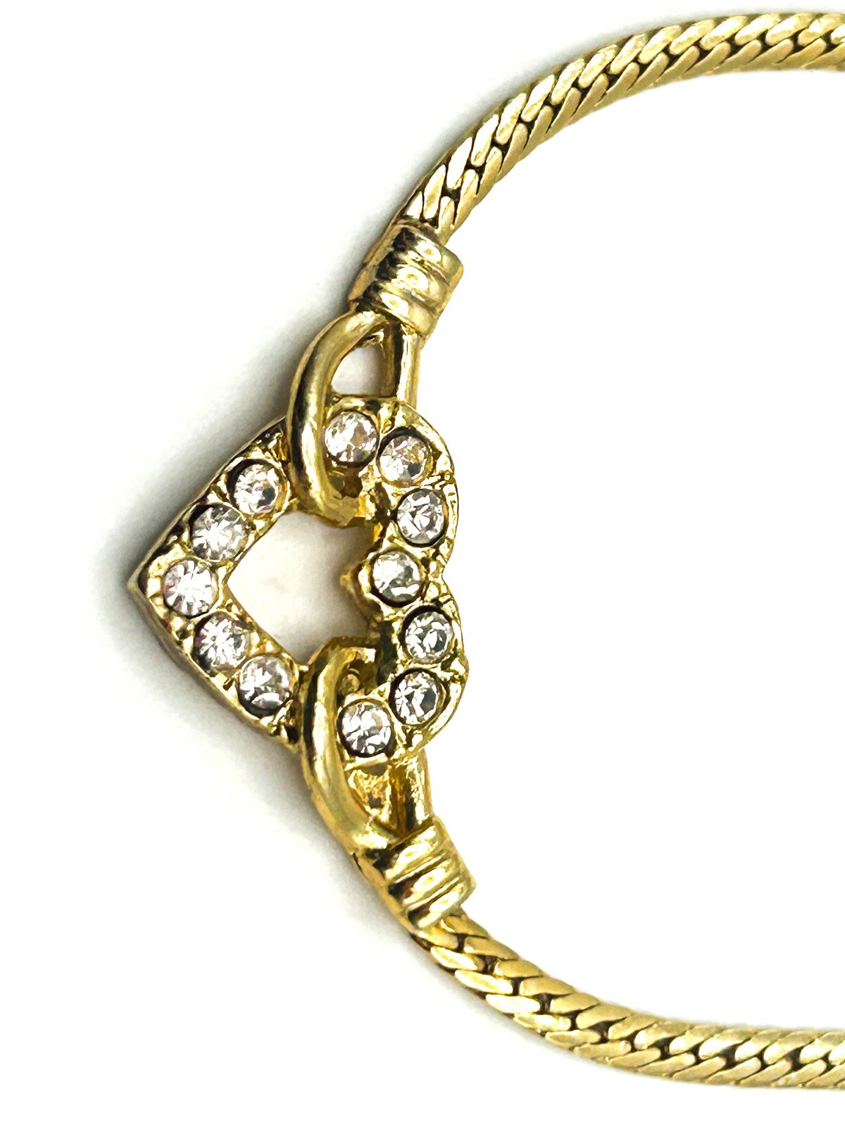 Gold Tone Herringbone Chain Necklace Small Heart Rhinestone Pendant 15”