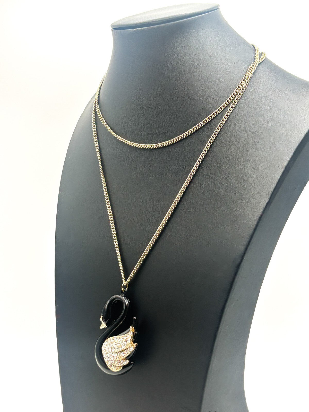 Black, Gold & Rhinestone Swan Pendant Necklace on Gold Tone Chain