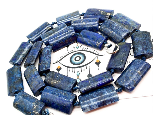 Lapis Lazuli Rectangular Bead Necklace Hand Knotted Blue Stone 19” Gemstone