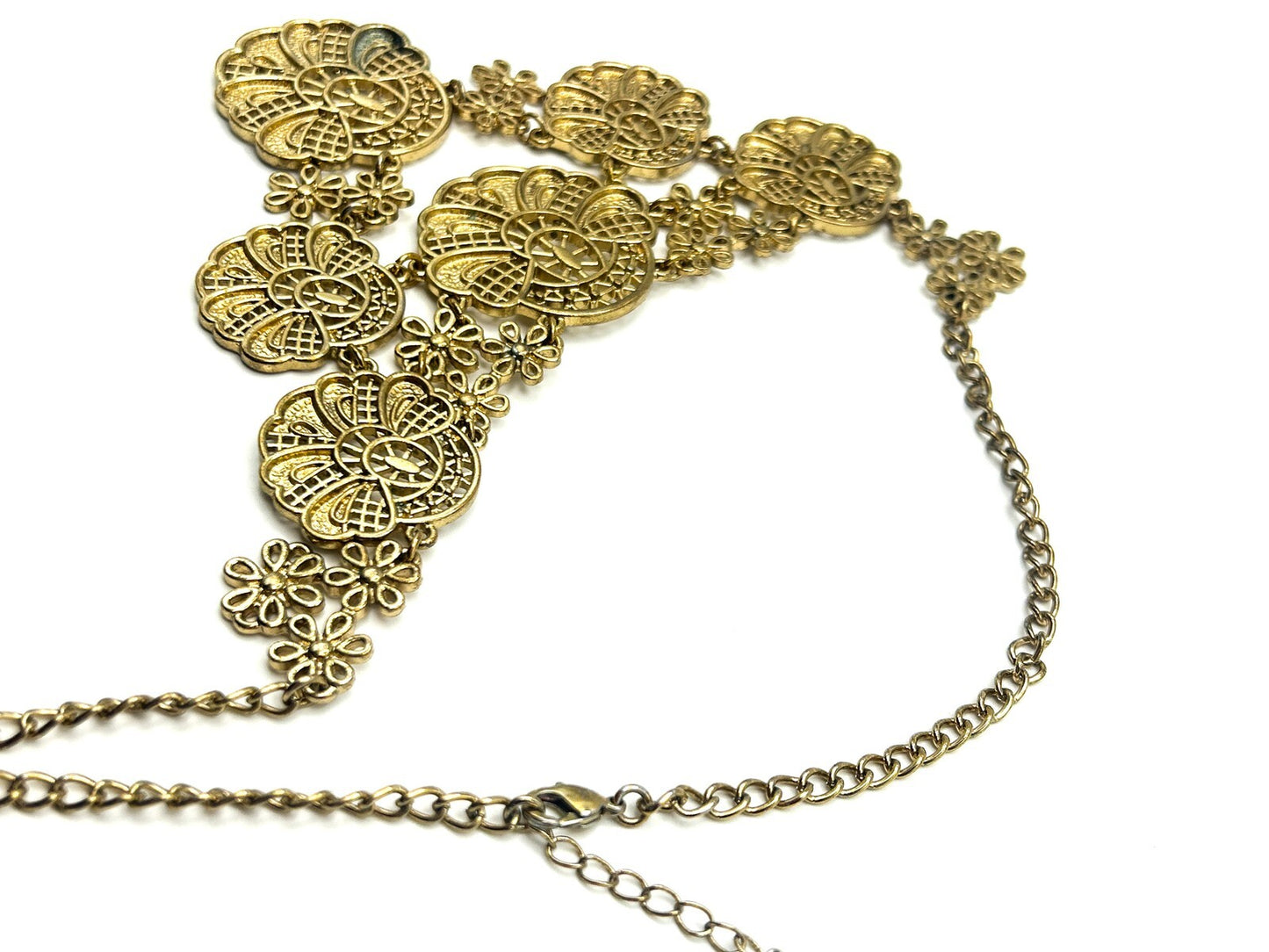 Gold Tone Filigree Bib Necklace Statement Articulated Panels Ornate Festival 17.