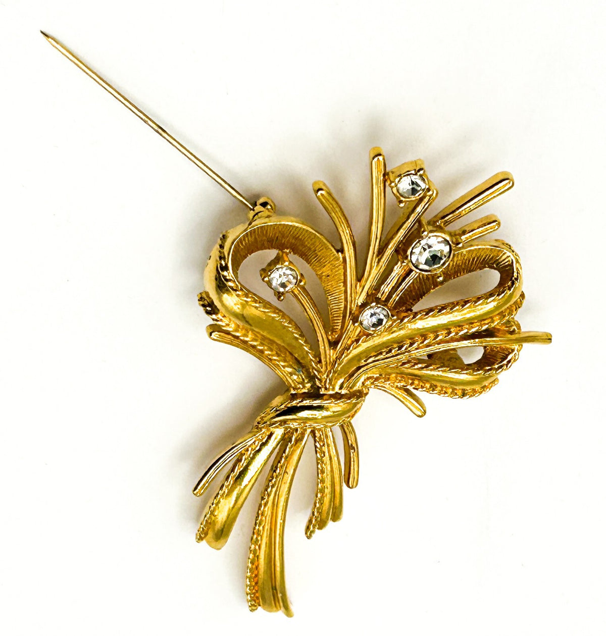Vintage Gold Tone Ribbon Bow & Bouquet Rhinestone Brooch – 7cm