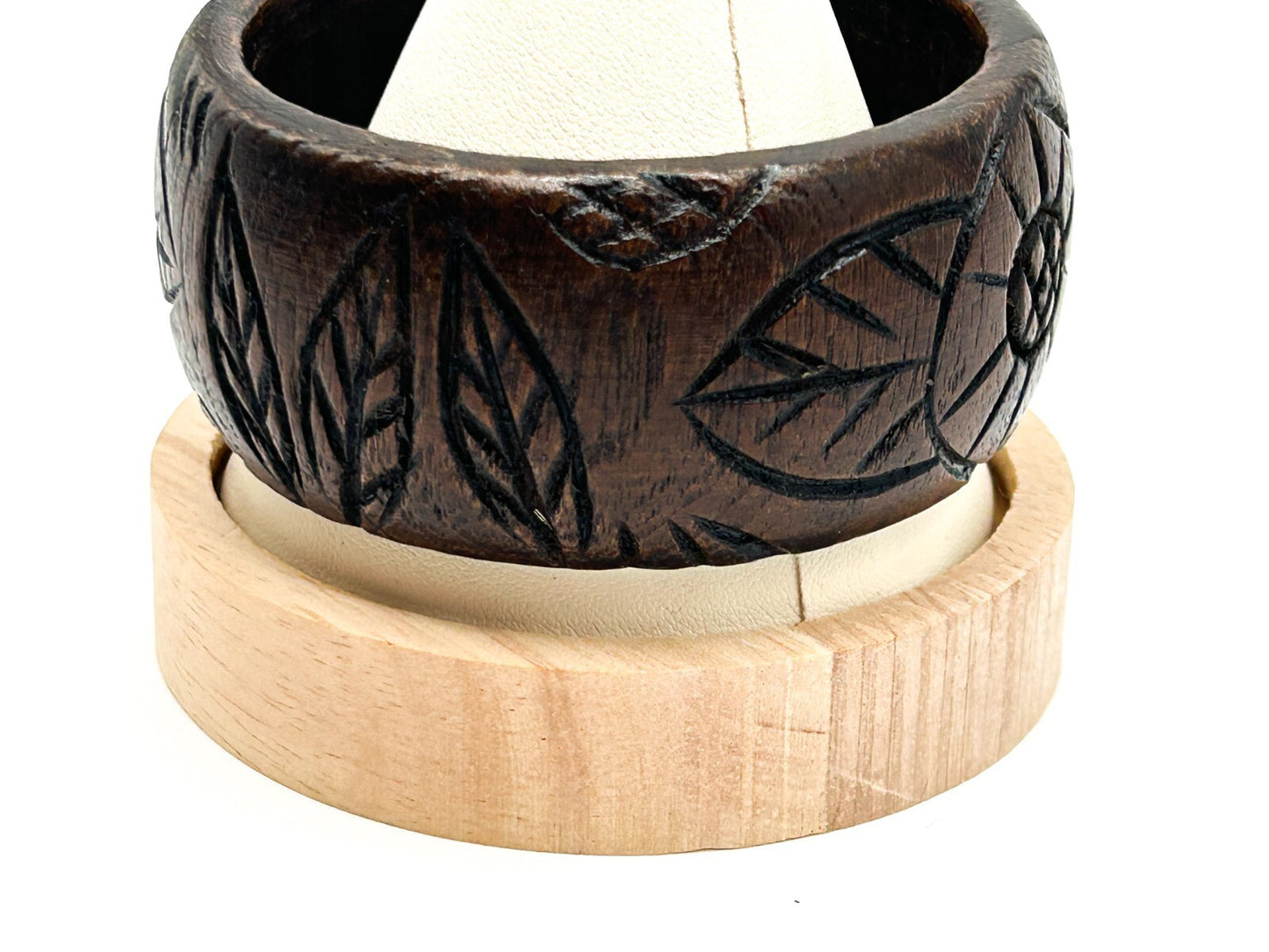 Vintage Carved Dark Wood Floral Chunky Bangle Bracelet 6.5cm Boho Natural