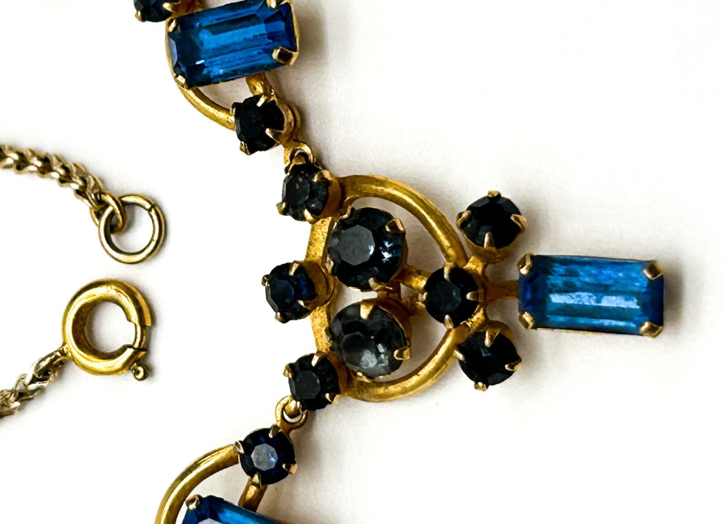 Vintage Blue Rhinestone Necklace Gold Tone Baguette Crystal Statement 1930s-50s