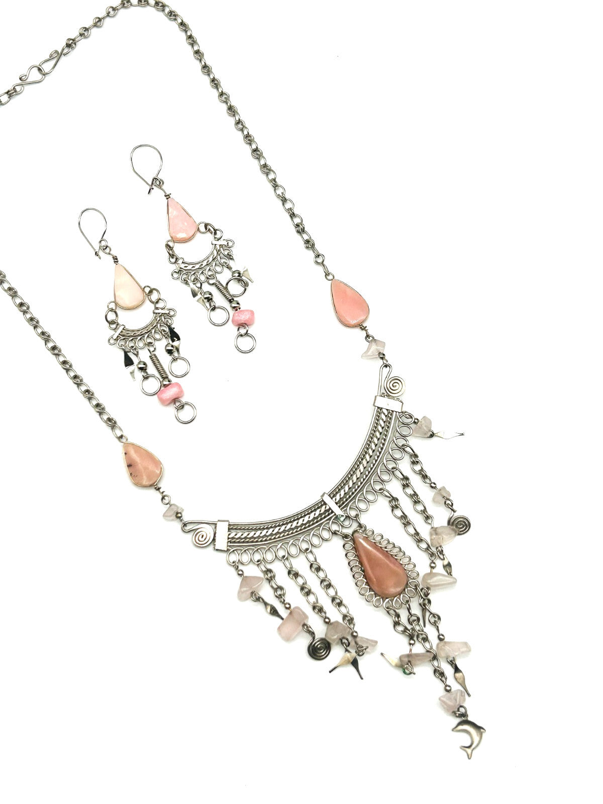 Peruvian Alpaca Pale Pink Rhodonite Rose Quartz Necklace & Earring Set Boho