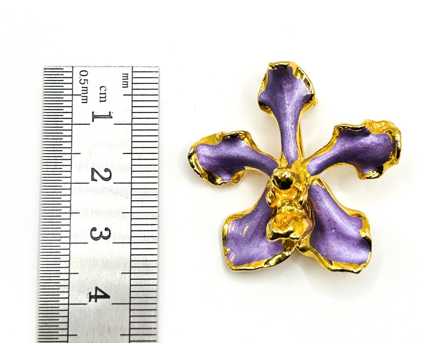 Vintage Purple Enamel Orchid Brooch 22K Gold Plated Floral Flower Jewellery