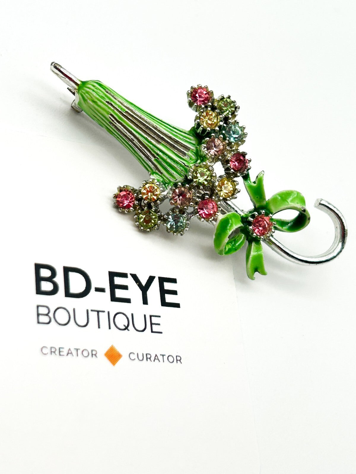 Vintage Green Enamel & Rhinestone Parasol Umbrella Brooch Multicolour Retro Bow