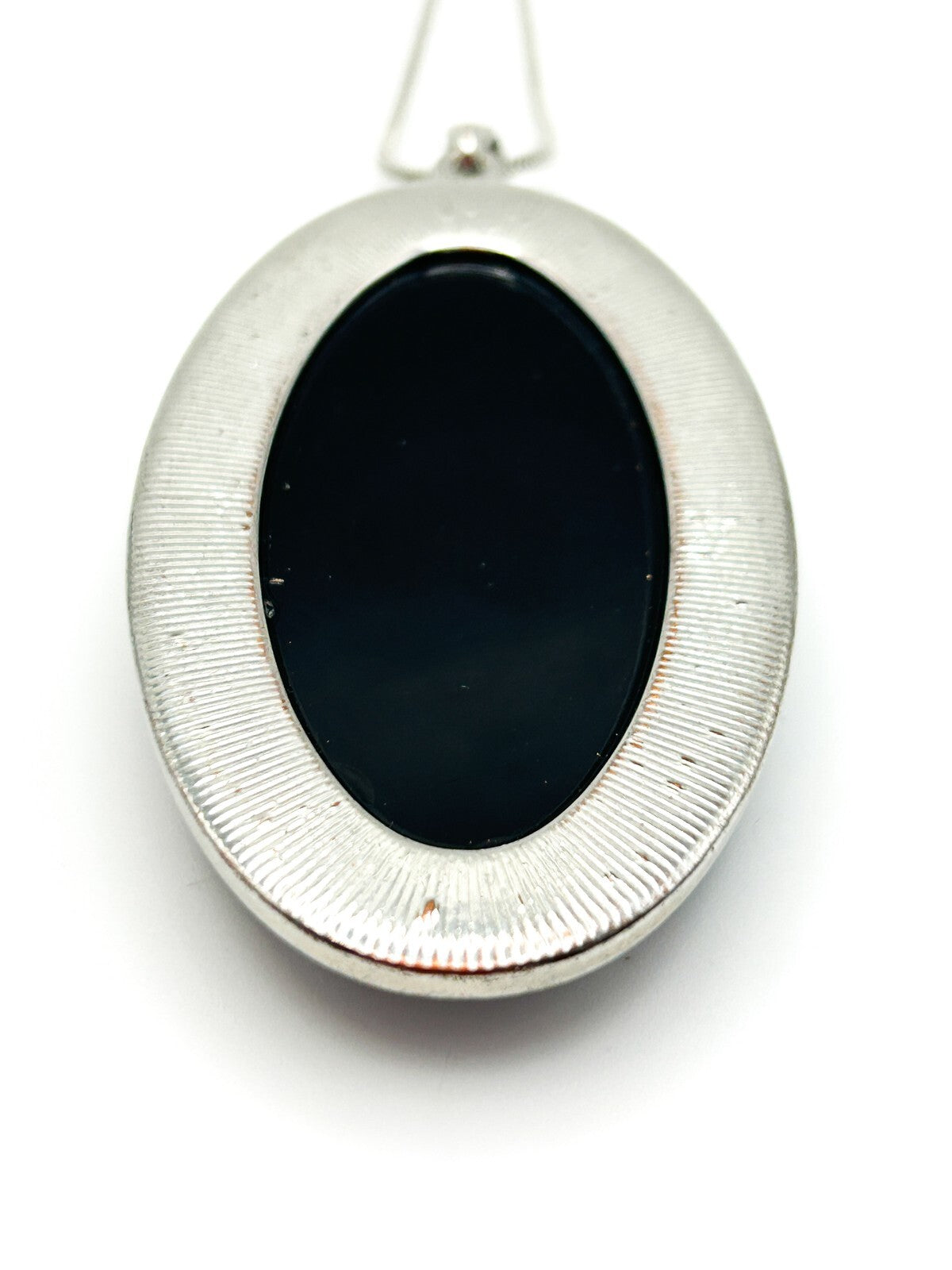 Black Cabochon Pendant Necklace Silver Tone Oval Statement Necklace