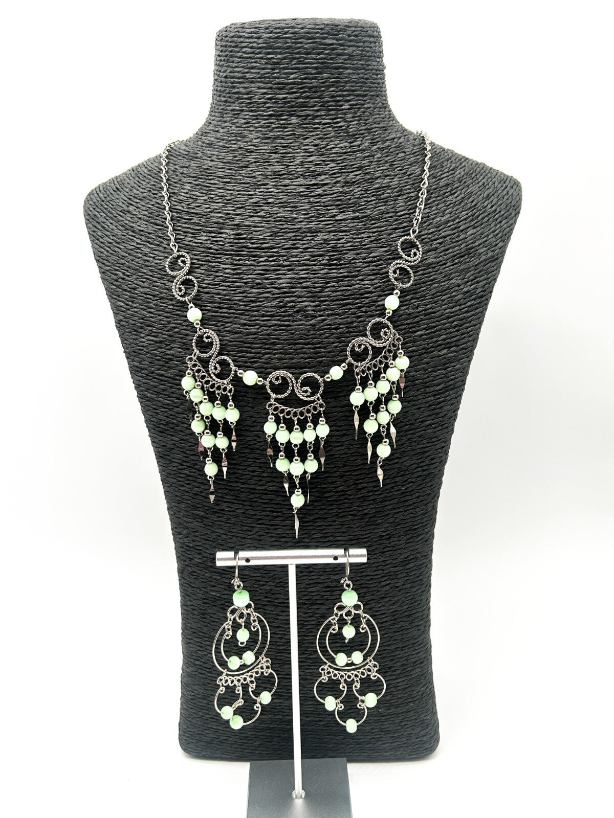Peruvian Alpaca Pastel Green Cat's Eye Chandelier Necklace & Earrings Set Boho