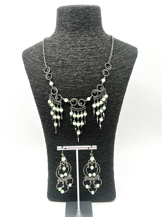 Peruvian Alpaca Pastel Green Cat's Eye Chandelier Necklace & Earrings Set Boho