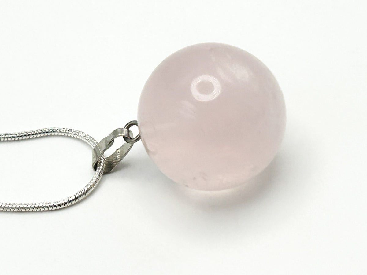 Rose Quartz Sphere Pendant Necklace on Silver Tone Snake Chain Semi Precious Gem