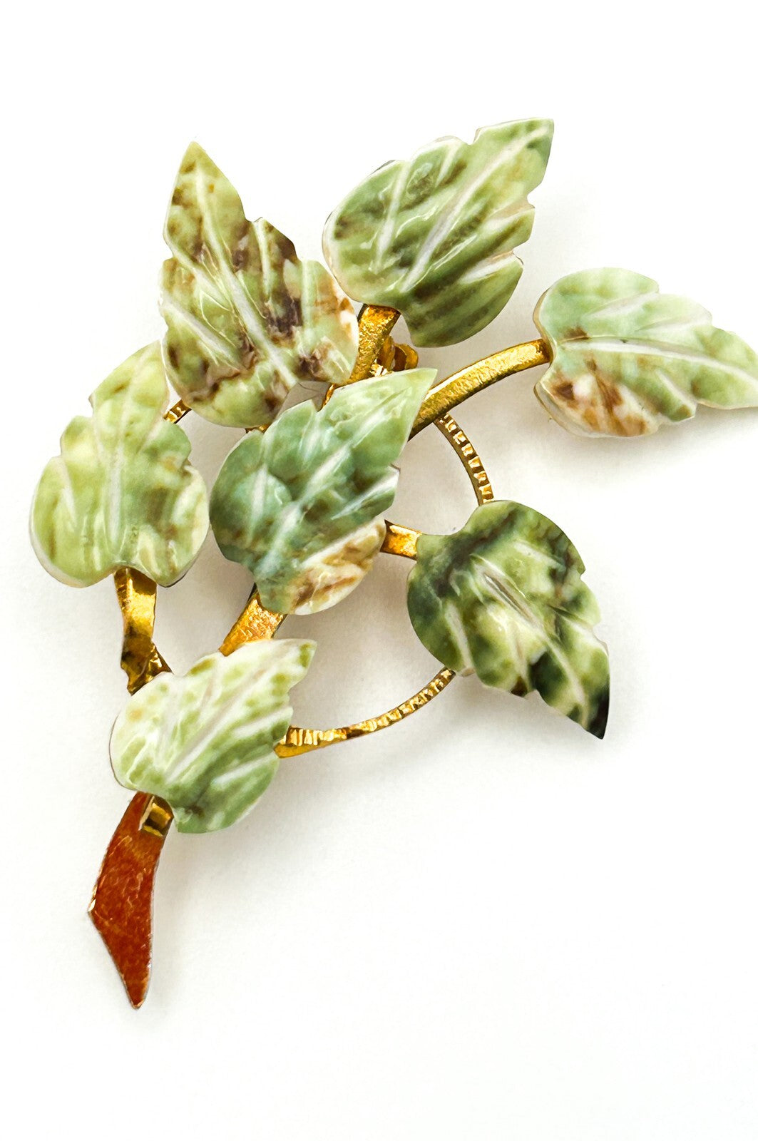 Vintage Shell Leaf Brooch Carved Green Gold Tone Floral Pin