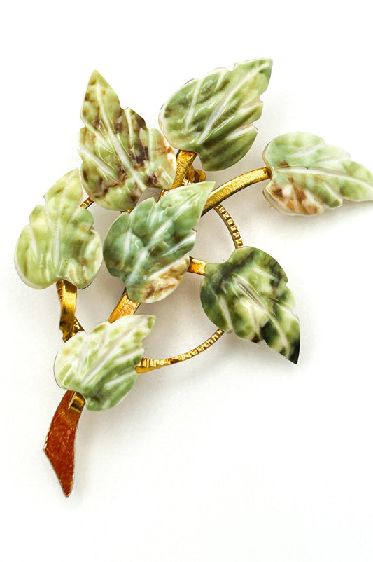 Vintage Shell Leaf Brooch Carved Green Gold Tone Floral Pin