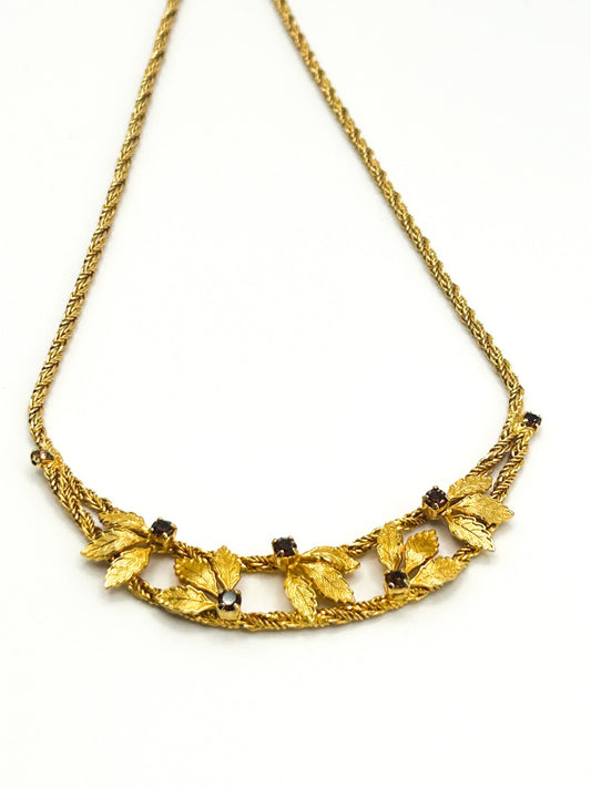 Pennino Gold Tone Leaf Statement Prong-set Faceted Garnet Stone Accent Necklace