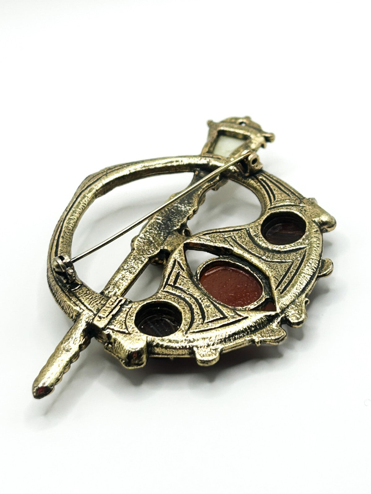 Miracle Celtic Brooch Vintage Faux Carnelian Agate Glass Penannular Cloak Pin